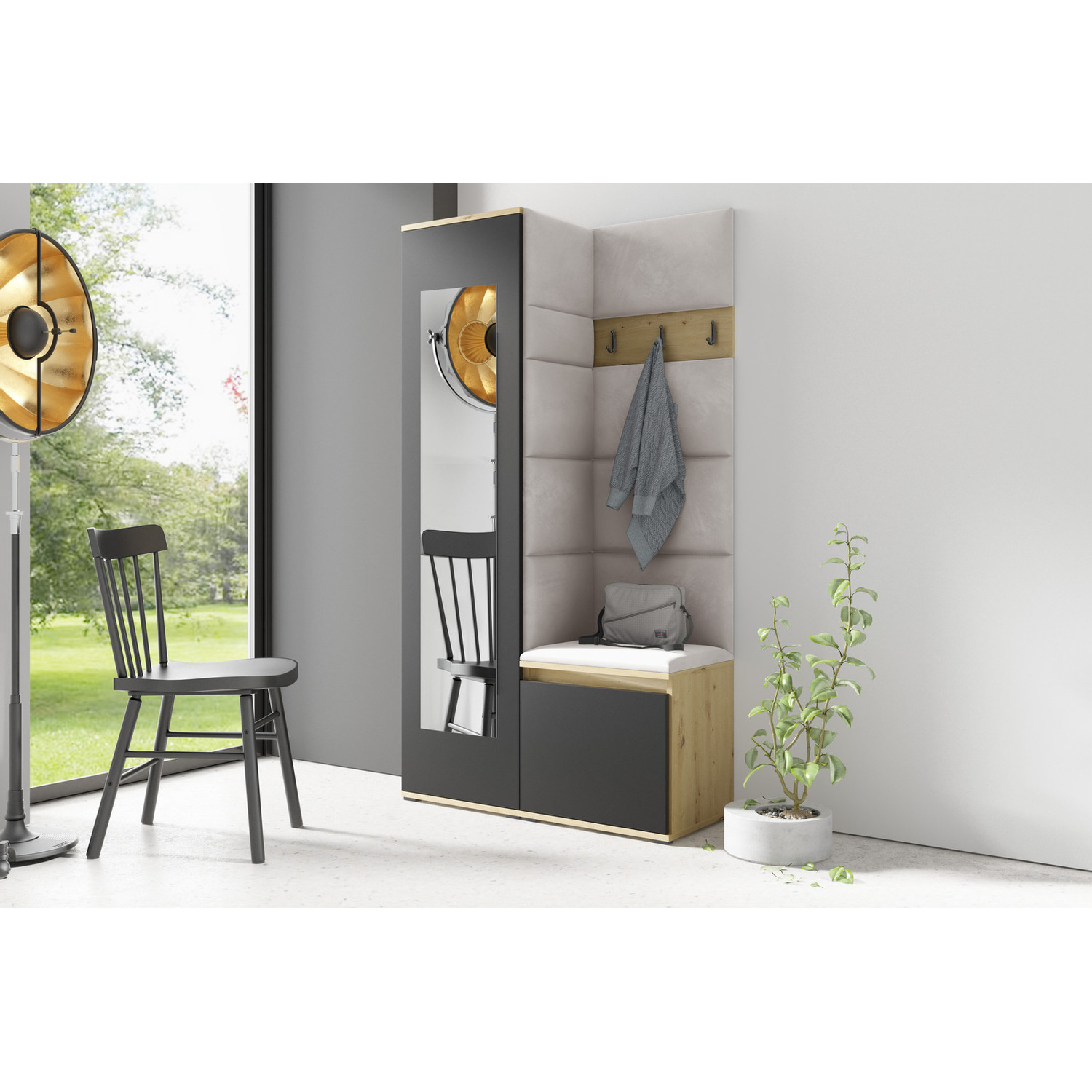 Předsíňová stěna AMI 13 Grafit Dub artisan/černá Bez zrcadla Signal-nabytek